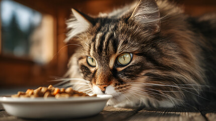 Close up Long haired cat eating organic food from a owl. Cat eating dry food fom white bowl at home. Feeing your pet. Animals and ets feed concept