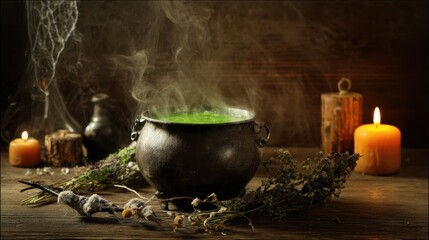 Wooden table with a steamig cauldron of green potion surrounded by dried herbsand candlelight.
