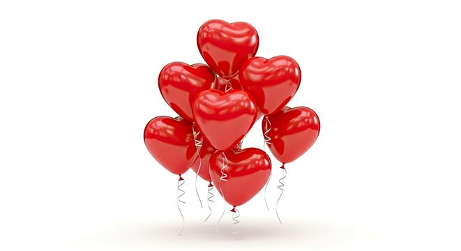 A cluster of eight glossy heartshaped red balloons with curled ribbons isolated on a bright neutral surface