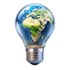 Earth globe inside a light bulb representing global ideas and innovation isolated on transparent background