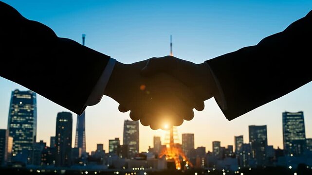 Deal Agreement: Silhouette of two people doing a handshake, captured against the skyline of a city, symbolizing business cooperation.