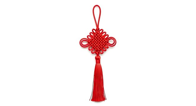 Red Chinese knot meticulously crafted featuring an intricate loop and hanging tassel against a stark white backdrop