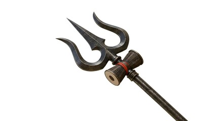 A trident weapon with a central spike and curved outer prongs attached to a decorated handle
