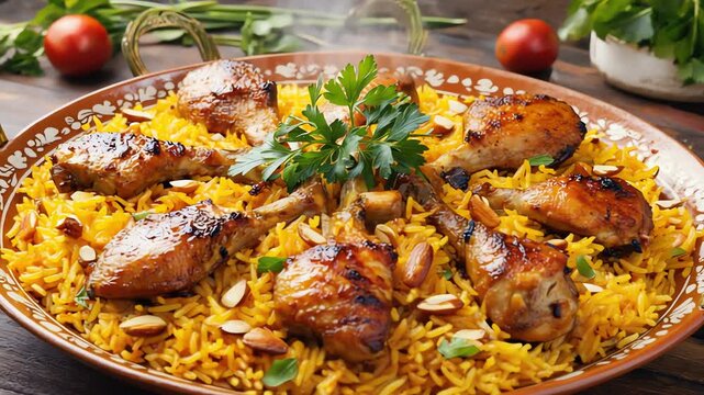Delicious Traditional Chicken Mandi or Kabsa with Fragrant Spiced Rice and Garnish, Middle Eastern Cuisine