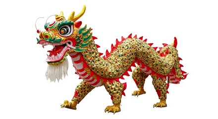 Fototapeta premium A colorful elaborate Chinese dragon costume on a white background displaying intricate details and vibrant colors