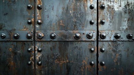 Fototapeta premium Close-up of weathered metal plates joined with rivets showing signs of rust.