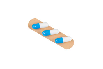 Medical pills on a band-aid as a concept for first aid or a quick fix solution. isolated on white background with clipping path.