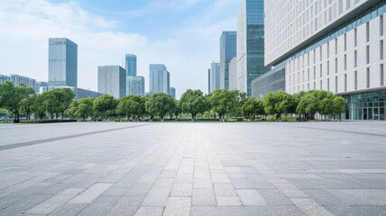 Modern City Square with a Business District and Office Buildings Against a Blue Sky
