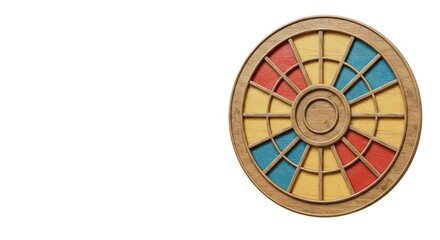 A wooden wheel with colorful yellow blue and red sections divided by wooden spokes