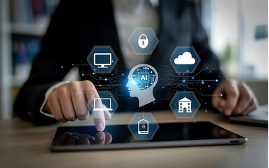 Business professional interacting with AI interface showcasing digital security and cloud technology.