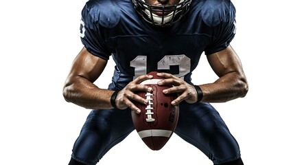 A football player in blue uniform holding a football against a white background