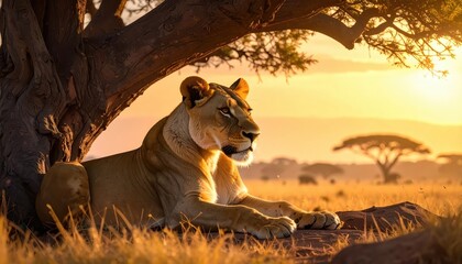 A majestic lioness rests beneath a large tree, bathed in the warm golden light of a savanna sunset.