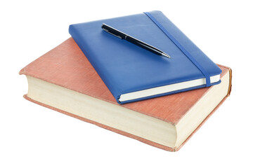 Old vintage book with a modern new blue notebook and pen for study. isolated on white background with clipping path.