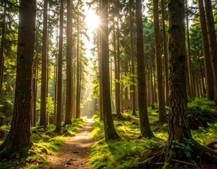 Fototapeta premium Sunlit path through a dense forest