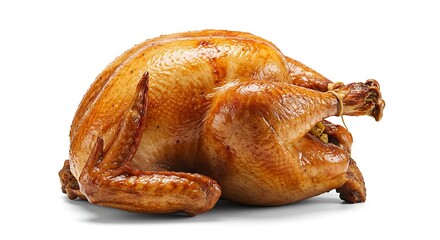A cooked turkey with goldenbrown skin sits on a white surface