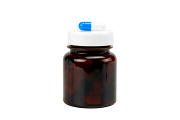 Daily medicine bottle with a single blue capsule supplement on the white cap. isolated on white background with clipping path.