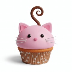 A charming pink cupcake decorated as a cute cat with whiskers and a curled tail, perfect for birthday celebrations and delicious baked goods themes