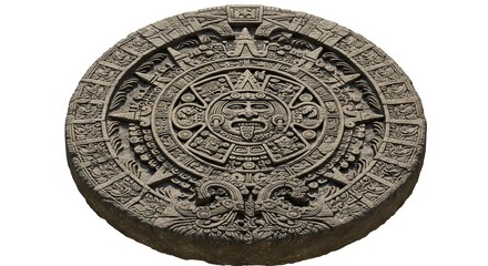 Aztec stone calendar intricately carved with glyphs  a central sun face