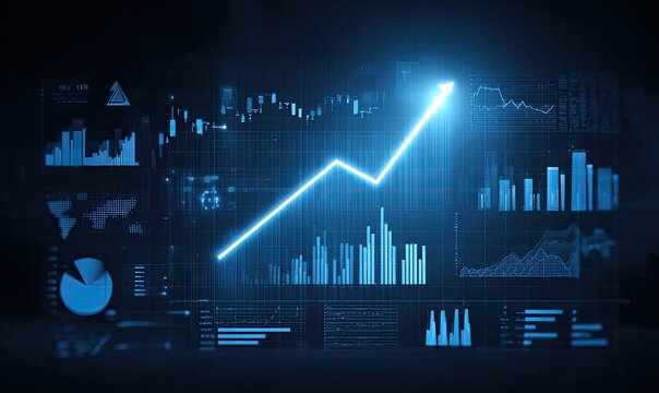 Futuristic data dashboard showing upward trend