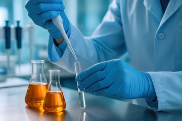 Scientist carefully conducts lab experiment, adding liquid with pipette, focused on medical research and pharmaceutical innovation in blue toned laboratory.