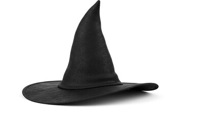 A dark conical witch hat rests on a white surface casting a shadow