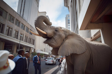 A large elephant in business district of city surrounded by people on street