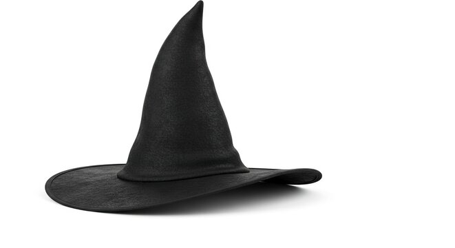 A dark conical witch hat rests on a white surface casting a shadow