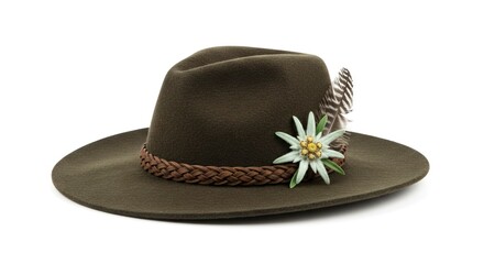 A felt hat dark green with brown woven band edelweiss flower and feather on a white background