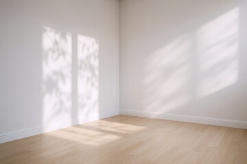 Sunlit corner evokes calm and serenity, as leaf shadows dance on the minimalist white walls above the inviting, light wood floor.