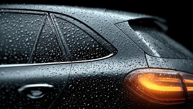 Dark gray car, wet with raindrops