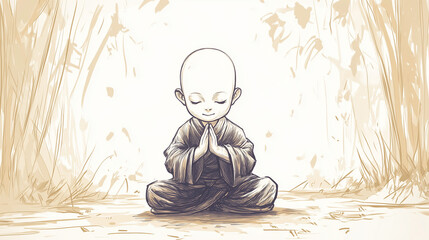 little zen monk meditating in sitting posture in sketching style