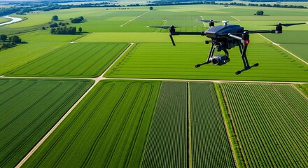 Drone surveying green farmland.