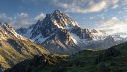 Majestic mountain range bathed in golden light