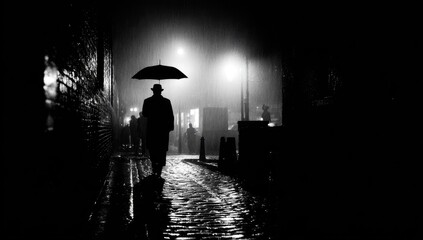 A solitary figure walks a rain-slicked alley at night