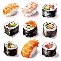 watercolor of a set of sushi, illustration