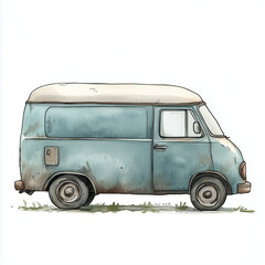 blue old van in watercolor, illustration