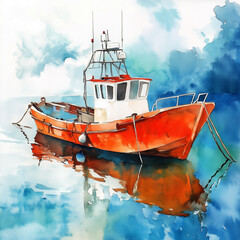 red ship in the river with reflection in watercolor, illustration
