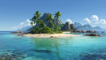 Fototapeta premium Tropical island paradise. Lush greenery, white sand beach, turquoise water