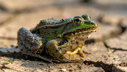Obraz premium Endangered frog sits on cracked earth showing wildlife habitat loss as last of its kind faces extinction risk in nature