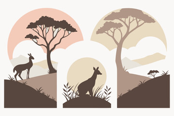 Minimalist animal silhouettes in natural landscapes