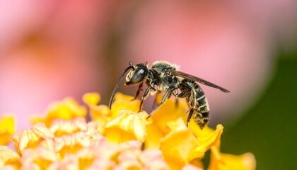 Macro Photograph of a Black and White Bee Collecting Nectar on a Yellow Flower