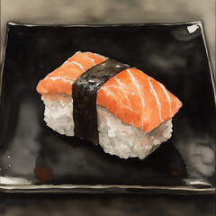 watercolor of a piece of sushi with salmon on top on the black plate, illustration