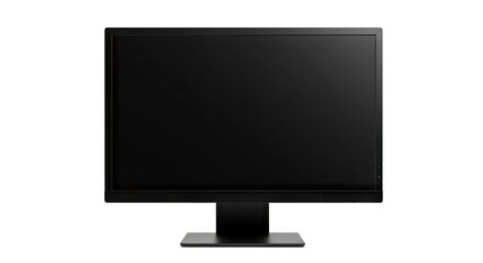 Black computer monitor with stand centered on a white background