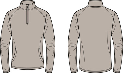 Men’s long sleeve pullover flat sketch, front and back views, half zip jacket design, casual outerwear, sporty athletic wear, comfortable clothing, fashion garment template. © Shammi's World