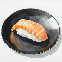 watercolor of a piece of sushi with salmon on top on the black plate, illustration