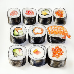 watercolor of a set of sushi, illustration