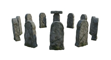 Stone circle monoliths stand gray weathered some carved against a white background