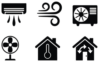 Black and white vector icons representing air conditioning and home temperature control systems, HVAC and climate control symbols, household appliance design elements, energy and comfort illustration 
