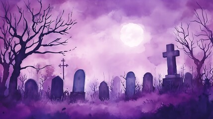 Eerie Purple Halloween Cemetery Scene, Watercolor Banner Background