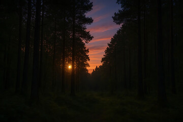 Fototapeta premium Sun Setting Through Pine Forest Silhouette
